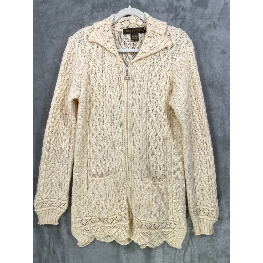 Inis Crafts Cardigan Sweater Women's L 100% Merino Wool Full Zip Beige Ireland